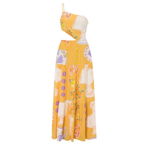 🦀 SABO Aliza Assymmetrical Cut-Out Fit and Flare Maxi Dress Ciao Yellow Print S - Picture 2 of 16